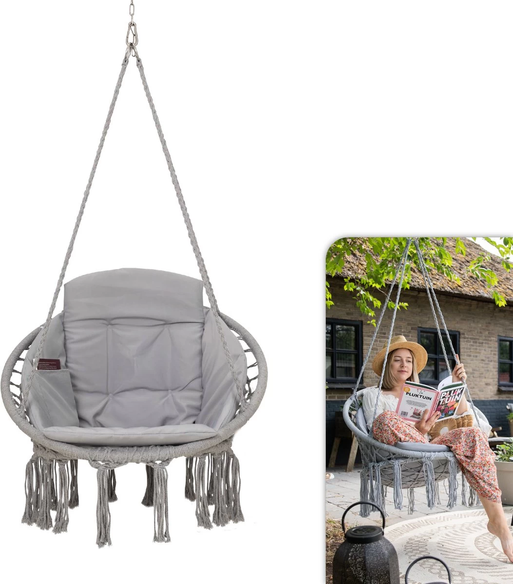 Vita5 Macramé Hangstoel - Voor Binnen En Buiten - Zonder Standaard - Incl. Kussen, Boekenvak En Beschermhoes - Tot 150kg - Grijs 1 Vita5 Macramé Hangstoel - Voor Binnen En Buiten - Zonder Standaard - Incl. Kussen, Boekenvak En Beschermhoes - Tot 150kg - Grijs