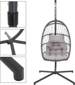Pro Garden Lowander Hangstoel Egg 191x126x126- Schommelstoel Met Rattan Cocoon En Robuust Stalen Standaard Incl. Kussens - Volledig Inklapbaar - Lichtgrijs -Tuinmeubel Winkel 1065x1200
