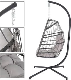 Pro Garden Lowander Hangstoel Egg 191x126x126- Schommelstoel Met Rattan Cocoon En Robuust Stalen Standaard Incl. Kussens - Volledig Inklapbaar - Lichtgrijs -Tuinmeubel Winkel 1069x1200