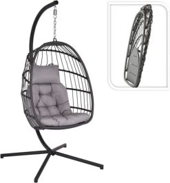 Pro Garden Lowander Hangstoel Egg 191x126x126- Schommelstoel Met Rattan Cocoon En Robuust Stalen Standaard Incl. Kussens - Volledig Inklapbaar - Lichtgrijs -Tuinmeubel Winkel 1116x1200