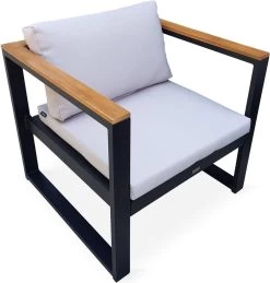 Loungeset 5 Plaatsen Van Aluminium En Eucalyptus – NAZCA – Antraciet Structuur, Lichtgrijs Kussens -Tuinmeubel Winkel 1145x1200 3