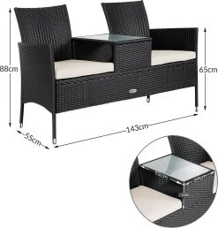Casaria Polyrattan Tuinbank - Incl. Kussen - 143x55x88 Cm Zwart -Tuinmeubel Winkel 1150x1200 1