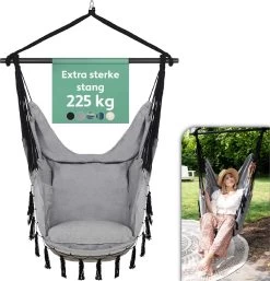 Vita5 XXL Hangstoel | Binnen&Buiten Hangnest | Incl. 2 Kussens En Boekenvak | Volwassenen&Kinderen | Hangmatstoel Tot 225kg | Grijs