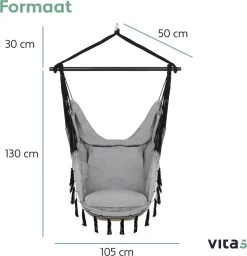 Vita5 XXL Hangstoel | Binnen&Buiten Hangnest | Incl. 2 Kussens En Boekenvak | Volwassenen&Kinderen | Hangmatstoel Tot 225kg | Grijs -Tuinmeubel Winkel 1159x1200 4
