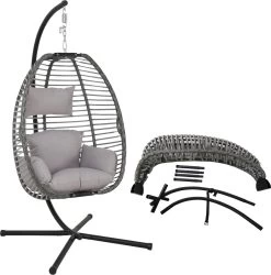 Pro Garden Lowander Hangstoel Egg 191x126x126- Schommelstoel Met Rattan Cocoon En Robuust Stalen Standaard Incl. Kussens - Volledig Inklapbaar - Lichtgrijs -Tuinmeubel Winkel 1185x1200