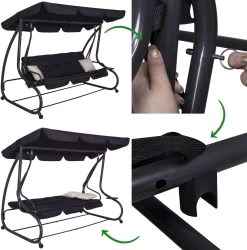 Springos Schommelbank | Linda-Schommel | 3-zits | Waterafstotend | Inclusief 2 Kussens | Verstelbare Luifel | 162 X 200 X 120 Cm | Zwart -Tuinmeubel Winkel 1186x1200