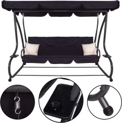 Springos Schommelbank | Linda-Schommel | 3-zits | Waterafstotend | Inclusief 2 Kussens | Verstelbare Luifel | 162 X 200 X 120 Cm | Zwart -Tuinmeubel Winkel 1194x1200 1