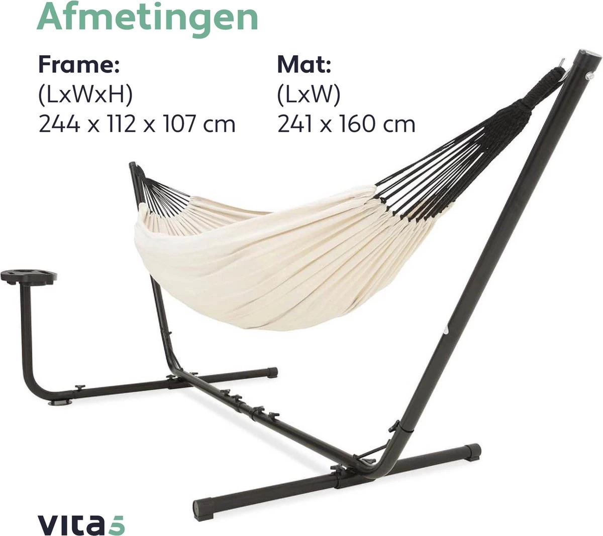 Vita5 Hangmat Met Standaard – 2 Persoons – Incl. Bekerhouder – 205kg Draaggewicht – Beige/Wit 9 Vita5 Hangmat Met Standaard – 2 Persoons – Incl. Bekerhouder – 205kg Draaggewicht – Beige/Wit - Afbeelding 9