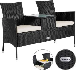 Casaria Polyrattan Tuinbank - Incl. Kussen - 143x55x88 Cm Zwart -Tuinmeubel Winkel 1200x1101