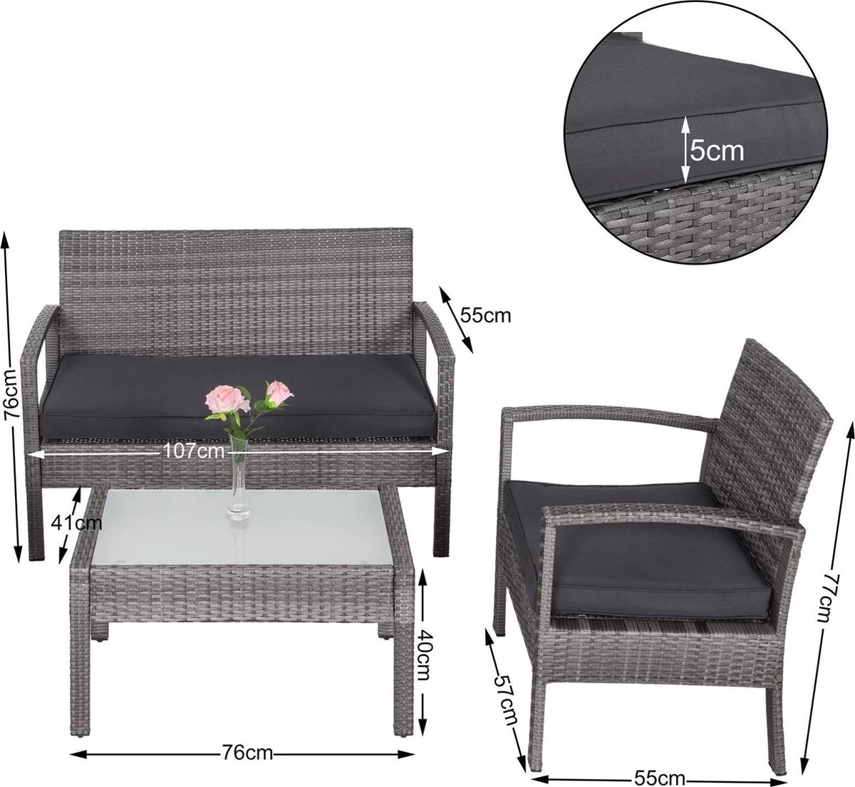 Casaria Polyrattan Loungeset – 2 Stoelen 1 Bank 1 Tafel - Antraciet 8 Casaria Polyrattan Loungeset – 2 Stoelen 1 Bank 1 Tafel - Antraciet - Afbeelding 8