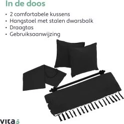 Vita5 XXL Hangstoel - Binnen&Buiten Hangnest - Incl. 2 Kussens En Boekenvak - Volwassenen&Kinderen - Hangmatstoel Tot 225kg - Zwart -Tuinmeubel Winkel 1200x1194