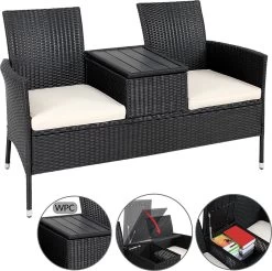 Casaria Tuinbank Polyrattan – 2 Zitter Incl. Tafel & Kussens – Zwart -Tuinmeubel Winkel 1200x1197 8