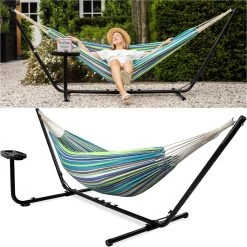 Vita5 Hangmat Met Standaard – 2 Persoons – Incl. Bekerhouder – 205kg Draaggewicht – Groen/Blauw