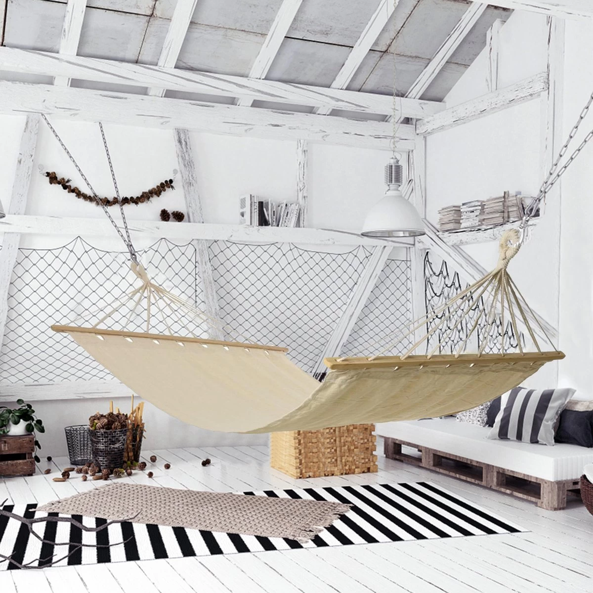 Merkloos Hangmat - Incl Bevestigingshaak - Met Spreidstok - Beige - Comfortabel - Met Karabijnhaak 1 Merkloos Hangmat - Incl Bevestigingshaak - Met Spreidstok - Beige - Comfortabel - Met Karabijnhaak