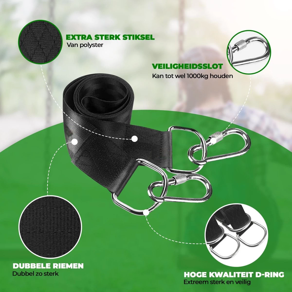 4House Ophang Koord Voor Hangmat, Hangstoel / Schommel - Hangmat Bevestigingsset Inclusief Haken - Karabijnhaak - Hangmat Standaard -Schommelophangset - Hangmat Ophangsysteem -150cm - Tot 1000kg - Boomvriendelijke Hangmat Ophangset - Set Van 2Stuks 2 4House Ophang Koord Voor Hangmat, Hangstoel / Schommel - Hangmat Bevestigingsset Inclusief Haken - Karabijnhaak - Hangmat Standaard -Schommelophangset - Hangmat Ophangsysteem -150cm - Tot 1000kg - Boomvriendelijke Hangmat Ophangset - Set Van 2Stuks - Afbeelding 2