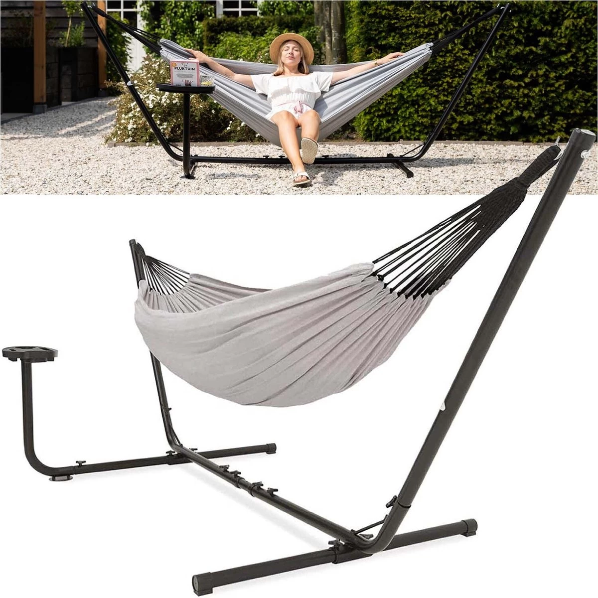 Vita5 Hangmat Met Standaard – 2 Persoons – Incl. Bekerhouder – 205kg Draaggewicht – Grijs 1 Vita5 Hangmat Met Standaard – 2 Persoons – Incl. Bekerhouder – 205kg Draaggewicht – Grijs