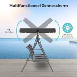 LifeGoods Schommelbank - 3-zits - Tot 250KG - Kantelbaar Dak - UV-bestendig Zonnescherm - 172x104x162cm - Grijs -Tuinmeubel Winkel 1200x1200 122
