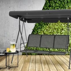 LifeGoods Schommelbank - 3-zits - Tot 250KG - Kantelbaar Dak - UV-bestendig Zonnescherm - 172x104x162cm - Grijs -Tuinmeubel Winkel 1200x1200 125