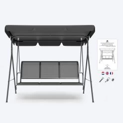 LifeGoods Schommelbank - 3-zits - Tot 250KG - Kantelbaar Dak - UV-bestendig Zonnescherm - 172x104x162cm - Grijs -Tuinmeubel Winkel 1200x1200 126