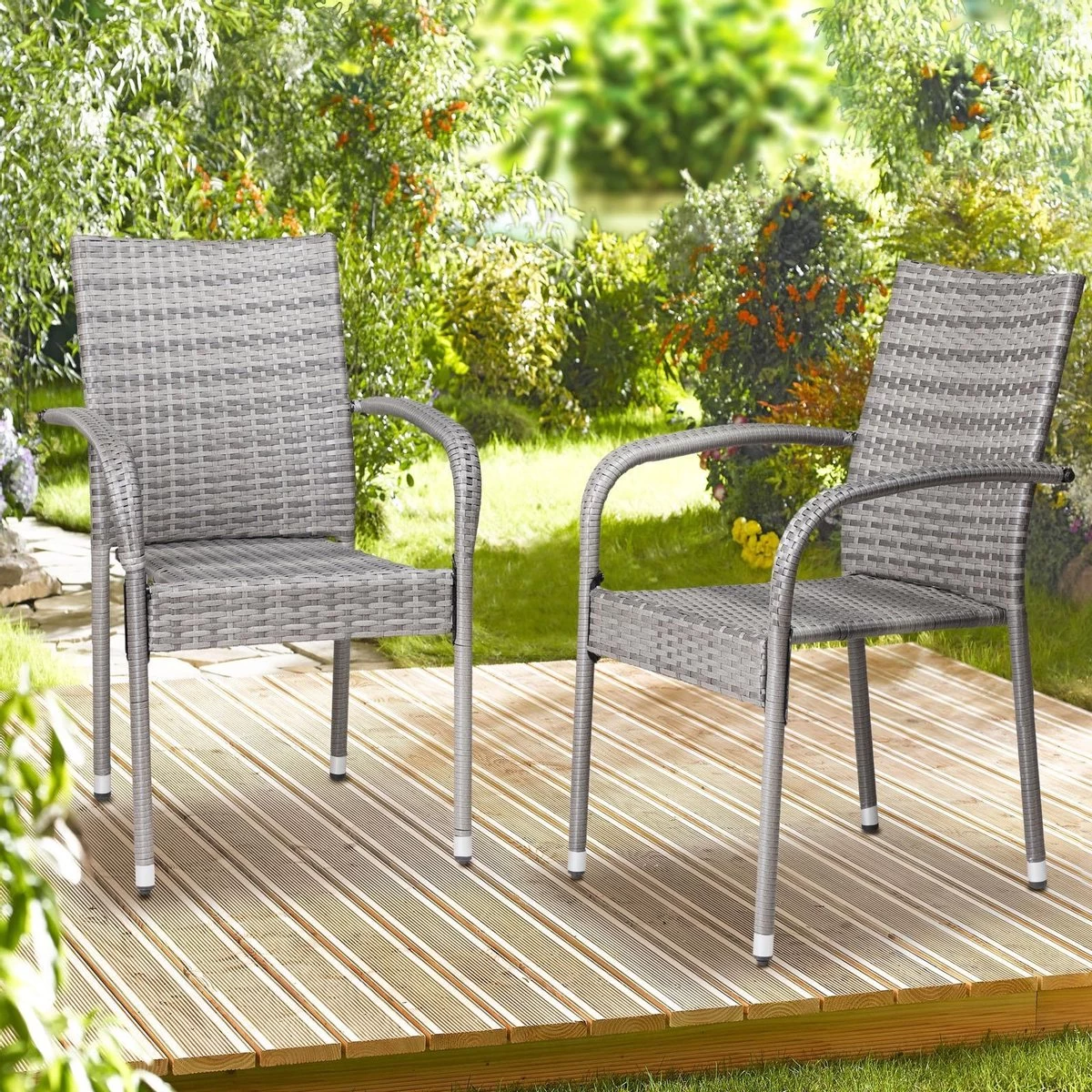 Casaria Polyrattan Tuinstoelen – 4 Stuks Stapelbaar – Grijs 4 Casaria Polyrattan Tuinstoelen – 4 Stuks Stapelbaar – Grijs - Afbeelding 4