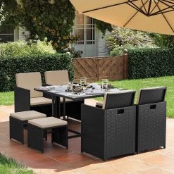 Tuinmeubelset - Tuinset 4 6 8 Persoons - Eettafel En Stoelen - Set Van 9 - Terras - Tuintafel - Salontafel Met Glazen Oppervlak - Zwart Beige -Tuinmeubel Winkel 1200x1200 674