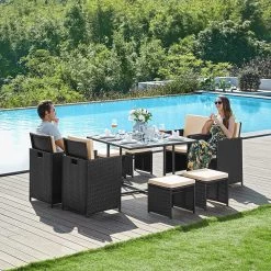 Tuinmeubelset - Tuinset 4 6 8 Persoons - Eettafel En Stoelen - Set Van 9 - Terras - Tuintafel - Salontafel Met Glazen Oppervlak - Zwart Beige -Tuinmeubel Winkel 1200x1200 677
