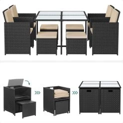 Tuinmeubelset - Tuinset 4 6 8 Persoons - Eettafel En Stoelen - Set Van 9 - Terras - Tuintafel - Salontafel Met Glazen Oppervlak - Zwart Beige -Tuinmeubel Winkel 1200x1200 678