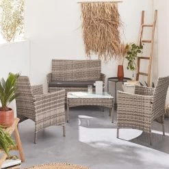 Alice's Garden Loungeset Moltès - 4 Plaatsen - Wicker - Kleine Set - Tinten Grijs/grijs