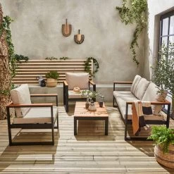 Loungeset 5 Plaatsen Van Aluminium En Eucalyptus – NAZCA – Antraciet Structuur, Lichtgrijs Kussens -Tuinmeubel Winkel 1200x1200 802