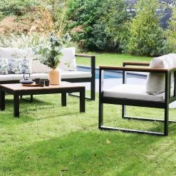 Loungeset 5 Plaatsen Van Aluminium En Eucalyptus – NAZCA – Antraciet Structuur, Lichtgrijs Kussens -Tuinmeubel Winkel 1200x1200 803