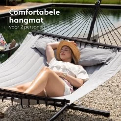Vita5 Hangmat Met Standaard En Spreidstok – 2 Persoons – Incl. Bekerhouder - Afneembaar Kussen – Uv-bestendig – Lichtgrijs -Tuinmeubel Winkel 1200x1200 948