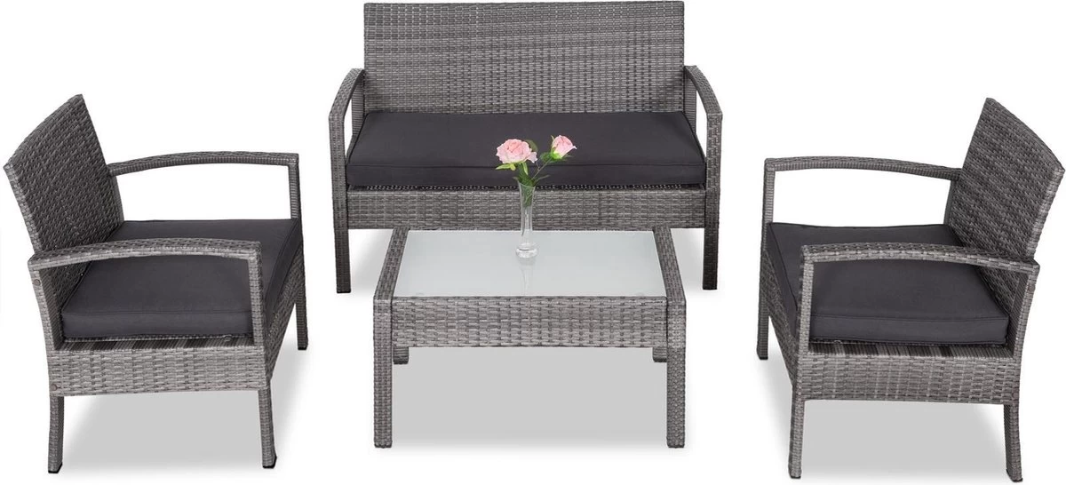 Casaria Polyrattan Loungeset – 2 Stoelen 1 Bank 1 Tafel - Antraciet