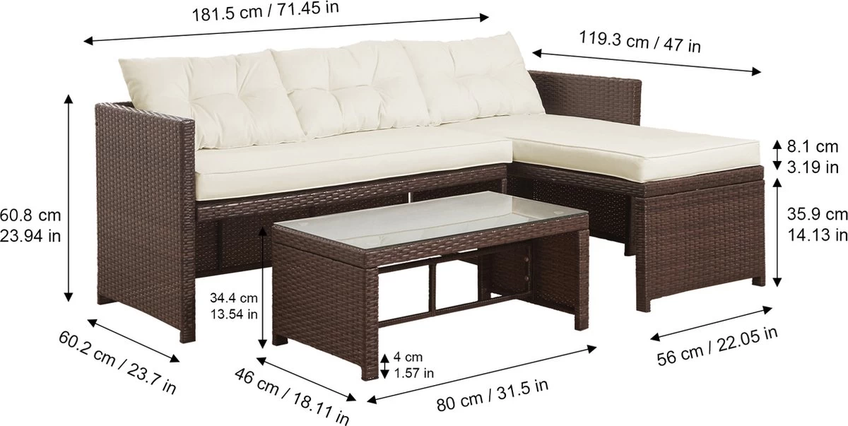 Teamson Home 3-Delig Hoek Loungeset - Tuinmeubelen - Tuinbank - Omvat Tafel En Kussens - Rotan - Bruin/Wit 8 Teamson Home 3-Delig Hoek Loungeset - Tuinmeubelen - Tuinbank - Omvat Tafel En Kussens - Rotan - Bruin/Wit - Afbeelding 8