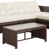 Teamson Home 3-Delig Hoek Loungeset - Tuinmeubelen - Tuinbank - Omvat Tafel En Kussens - Rotan - Bruin/Wit