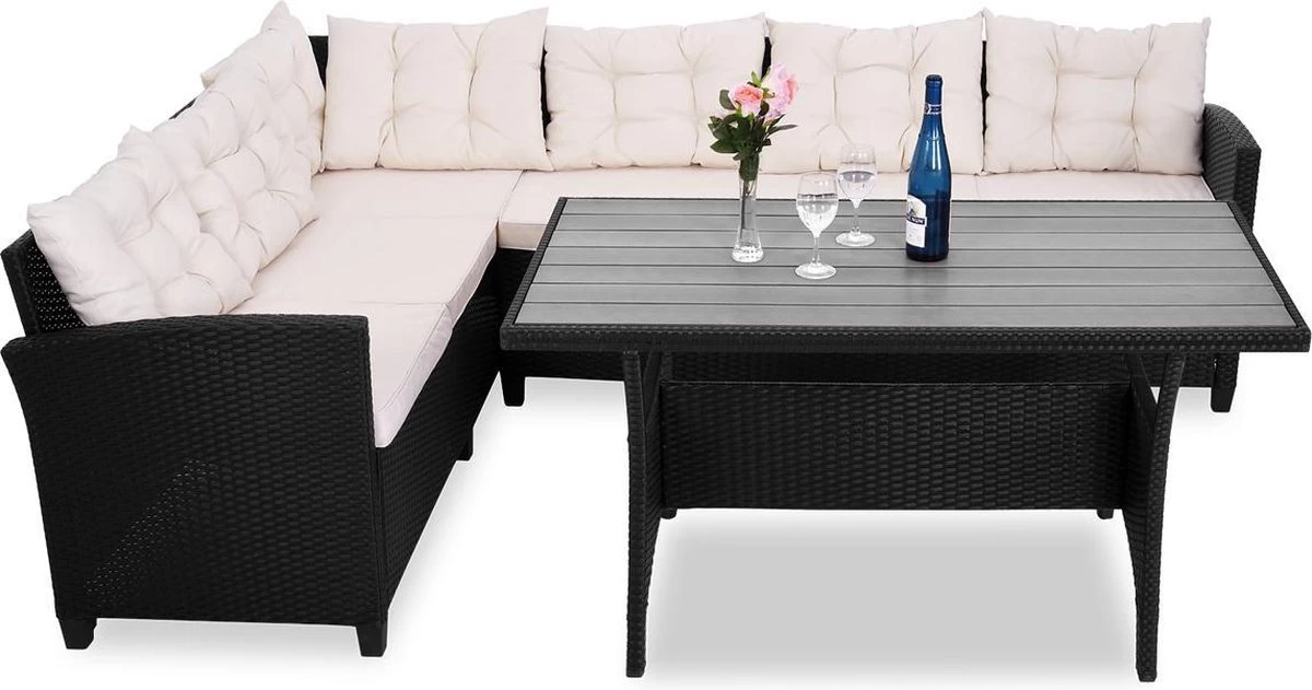 Casaria Polyrattan Tuinset - 15 Delig Voor 6 Personen – Crème Zwart 2 Casaria Polyrattan Tuinset - 15 Delig Voor 6 Personen – Crème Zwart - Afbeelding 2