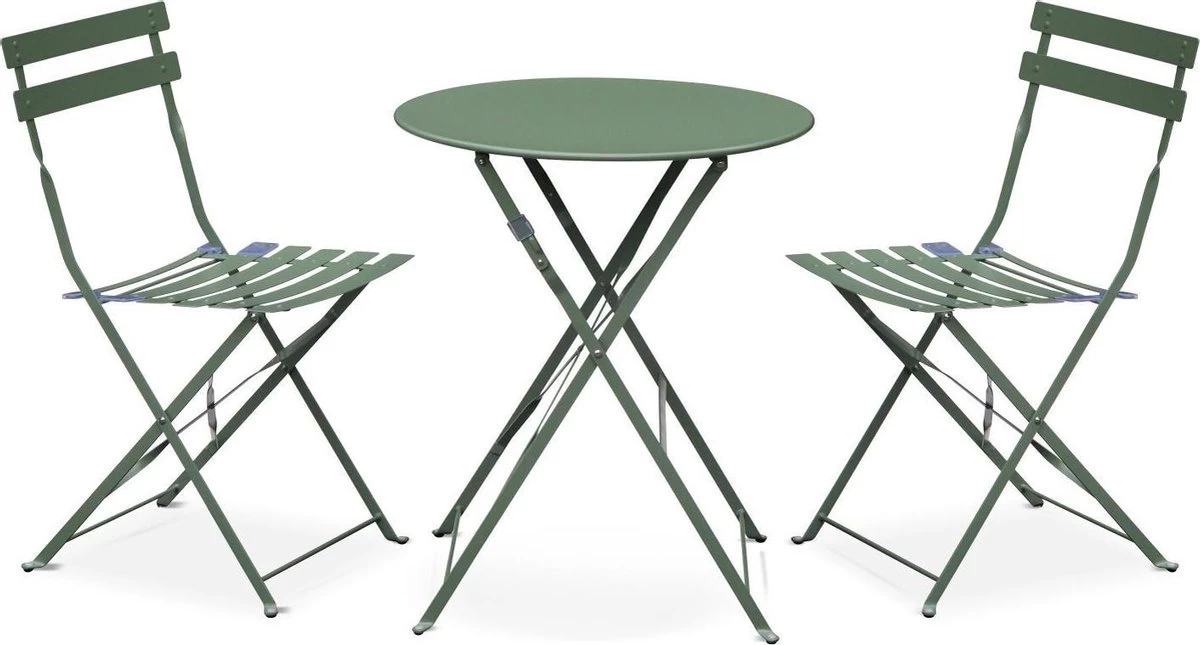 EMILIA Bistroset - 2 Inklapbare Stoelen En Een Ronde Tafel Van Gepoedercoat Staal Met Matte Afwerking – Groengrijs 1 EMILIA Bistroset - 2 Inklapbare Stoelen En Een Ronde Tafel Van Gepoedercoat Staal Met Matte Afwerking – Groengrijs