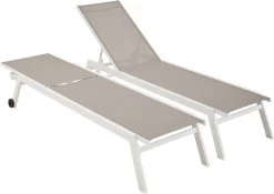 ELSA - Set Van 2 Ligstoelen Van Aluminium En Textileen, Ligbed Multipositioneel Met Wieltjes, Kleur Wit/taupe -Tuinmeubel Winkel 1200x848