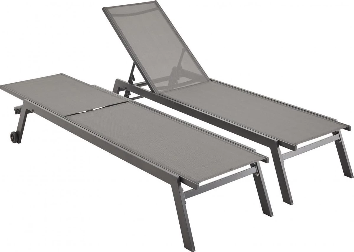 ELSA - Set Van 2 Ligstoelen Van Aluminium En Textileen, Ligbed Multipositioneel Met Wieltjes, Kleur Antraciet/donkergrijs 5 ELSA - Set Van 2 Ligstoelen Van Aluminium En Textileen, Ligbed Multipositioneel Met Wieltjes, Kleur Antraciet/donkergrijs - Afbeelding 5