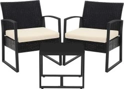 Songmics Tuinmeubelset, 3-delige Set, Van Polyrotan, Voor Outdoor, Terras, Balkon, Tuin, Eenvoudige Montage, Bijzettafel En 2 Stoelen, Zwart-beige