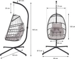 Pro Garden Lowander Hangstoel Egg 191x126x126- Schommelstoel Met Rattan Cocoon En Robuust Stalen Standaard Incl. Kussens - Volledig Inklapbaar - Lichtgrijs -Tuinmeubel Winkel 1200x943 1